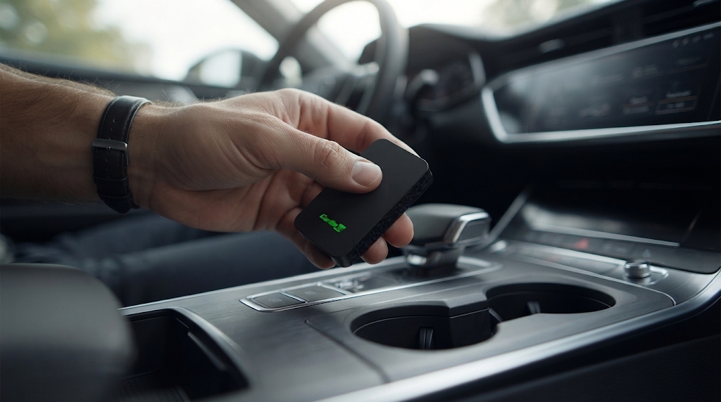 Car centre console with a USB port where a phone cable is plugged in to check for wired CarPlay