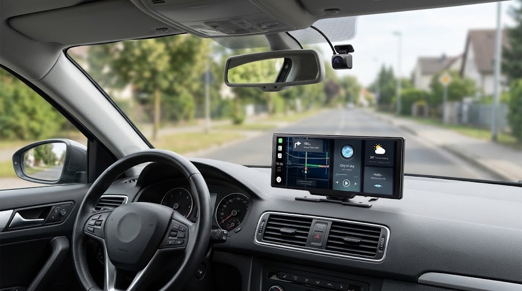 Portable CarPlay dash screen with a reversing camera mounted on a car dashboard
