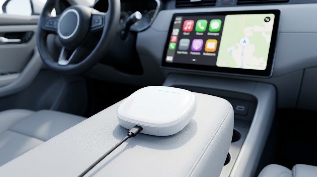 Small white wireless CarPlay adapter plugged into a car's USB port on the centre console