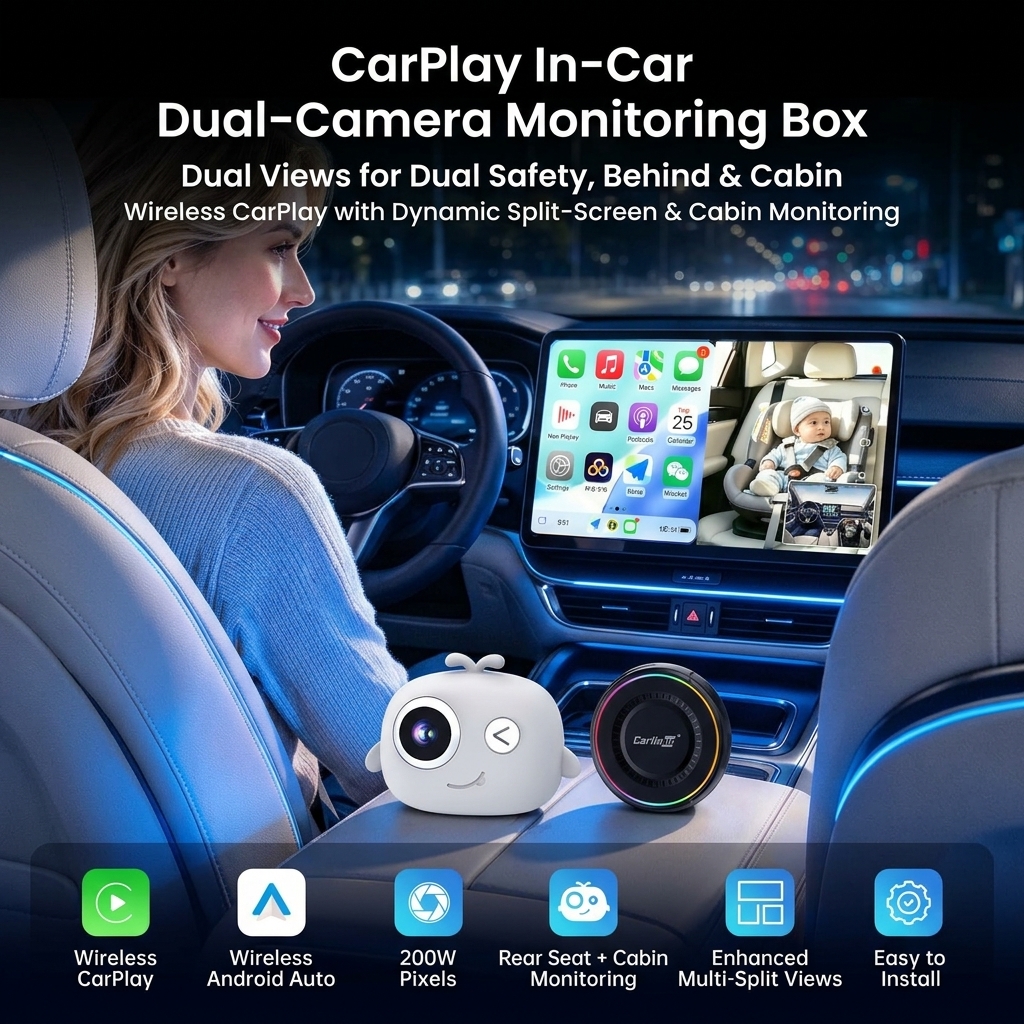 Carlinkit DashVue Wireless CarPlay & Android Auto Adapter with 1080P Rear Seat Baby Camera – Night Vision, Split Screen - Image 3